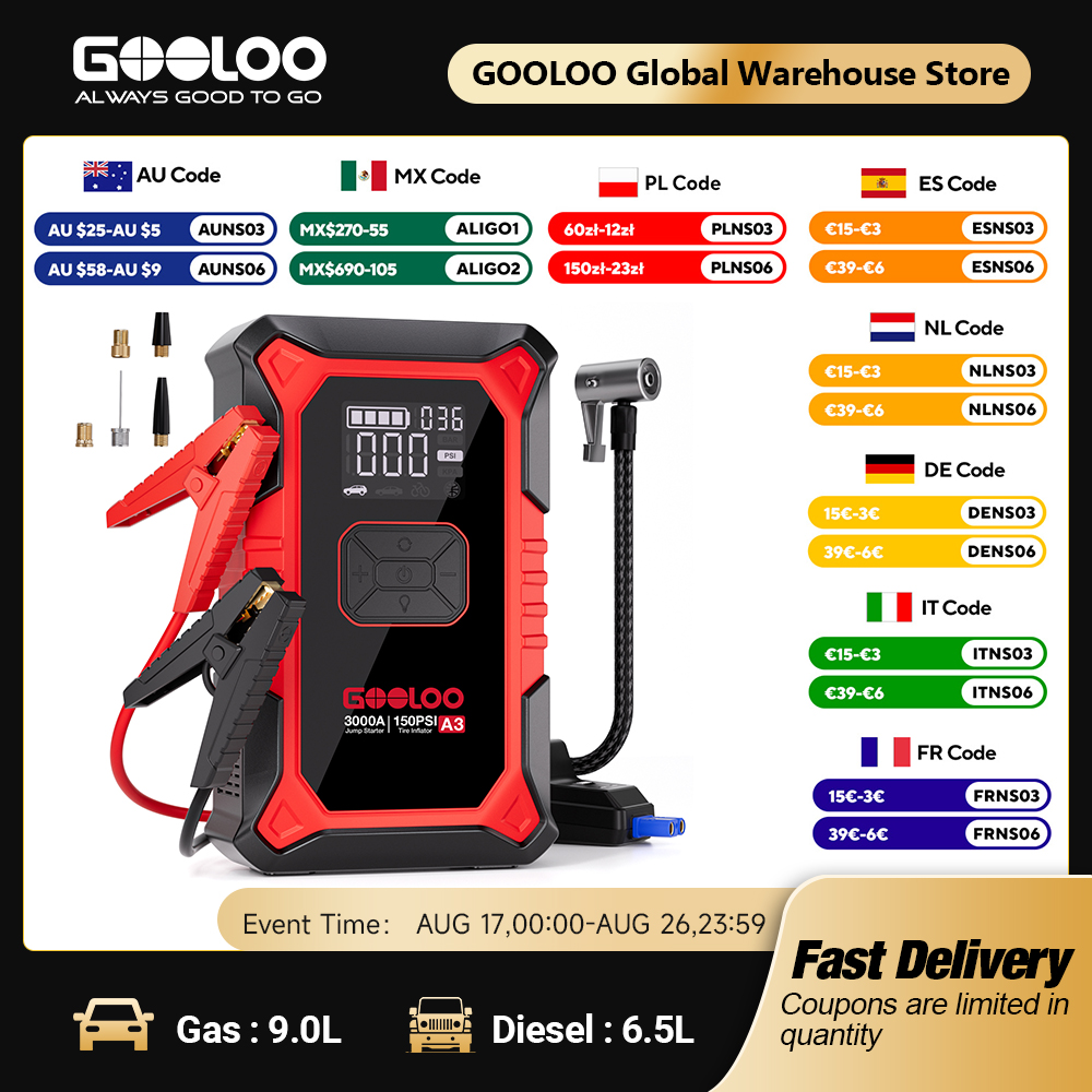 Portable Jump Starter - GOOLOO A3 Jump Starter with Air